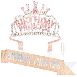 Wecoe Birthday Crown and Sash Women Girls Birthday Princess Crown Rose Gold Rhinestone Tiaras and Crowns Happy Birthday Party Favors Supplies 16th 18th 21st 25th Birthday Decorations Gift for Her