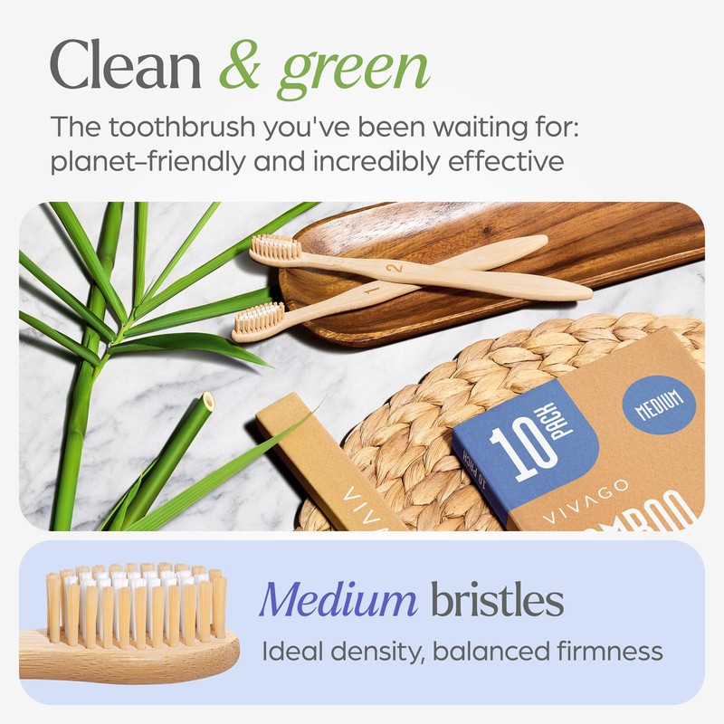 VIVAGO Bamboo Toothbrushes Medium Bristles 10 Pack - BPA Free