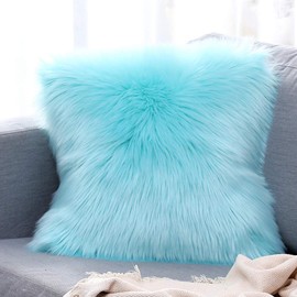 vctops Double-Sided Faux Fur Sheepskin Decorative Throw Pillow Cover Luxury Super Soft Plush Cushion Case for Sofa or Bed (16"x16",Light Blue)