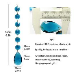 Poproo Teardrop Pendants Octagon Crystal Glass Beads Pendant for Chandelier Lamp Curtain Decor, 6-Pack (Peacock Blue)
