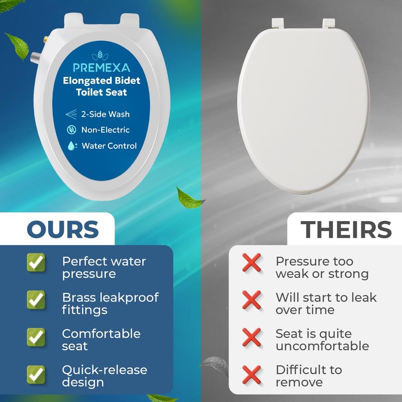 PREMEXA Bidet Toilet Seat for Elongated Toilets, Non-Electric, Dual Nozzle,