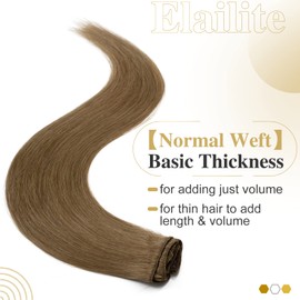 Elailite Clip-In Real Hair Extensions, 8 Wefts, Straight, #6 Light Brown, Real Human Hair, 40 cm - 65 g
