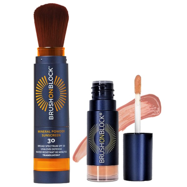 Brush On Block Full Face Sun Protection Kit, Translucent Mineral Powdered Sunscreen & Protective Lip Oil SPF 30, Reef Friendly, FSA HSA Eligible