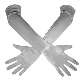 ATHX Long Opera Gloves for Women 1920s Shiny Satin Tea Party Elbow Length Wedding Dancing Party Gloves (Silver Grey, One Size)