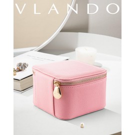 Vlando Travel Jewelry Box for Women,Faux Leather Jewelry Box with 6 Velvet Jewelry Zipper Pockets,Earrings Necklace Rings Storage Boxes Strawberry Powder