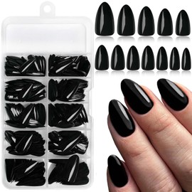 LoveOurHome 240pc Almond Press on Nails Short Fake Nails with Glue & Adhesive Tabs, Black Glue on Nails Press on Nail Almond Fake Nails Artificial False Fingernails Women XS Stiletto Stick on Nails