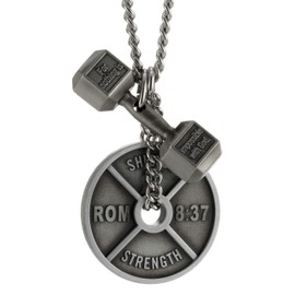 Shields of Strength Men's Fitness Gym Weight Plate and Dumbbell Pendant Combo Necklace Inscribed with Romans 8:37 and Luke 1:37 Bible Verses for Weightlifters and Athletes - Christian Gifts