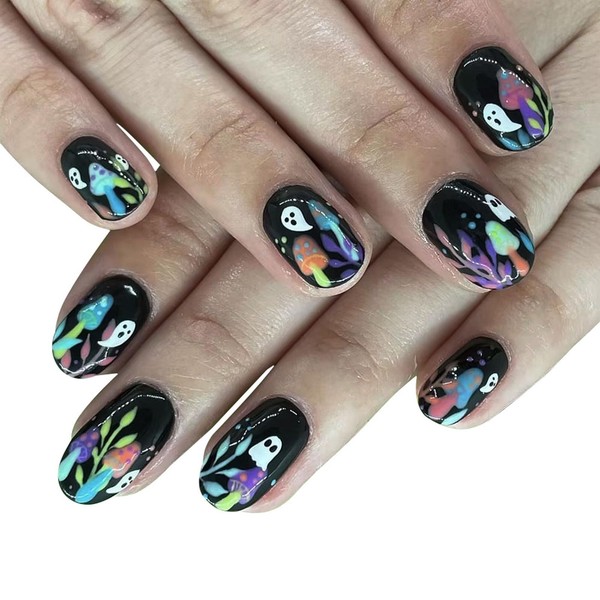 Oval Press on Nails Short Halloween Mystery Ghost Fake Nails