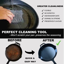 BabriInta Cast Iron Scrubber - 6 Inch Stainless Steel Chain mail Scrubber for Cast Iron Pans Cleaner Chainmail Scrubber for Skillet, Wok, Pot, Dutch Ovens