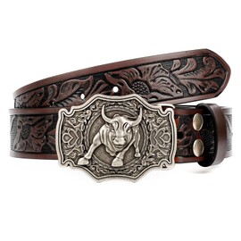 JASGOOD Western Leather Buckle Belt for Men Women Floral Engraved Cowboy Belt Longhorn Bull Buckle Waist Belt for Jeans Pants,D-Coffee,Fit Waist Size 39"-42"