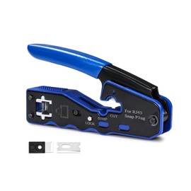 RJ45 Crimping Tool, Ethernet Crimping Tool, All-in-One Crimper, Wire Stripper, Cutter for Feeding Cat6 Cat5e Connectors with Spare Blades, Blue