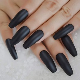 Matte Black Press On Nails - Extra Long Square Coffin Ballerina Fake Nails with Nail Glue, Reusable Nail Tips - Glue On Nails 24 Nail Kit, Drama Queen