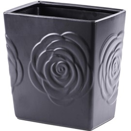 Black Ceramic Rose Small Bathroom Trash Can 2.5 Gal (9 Liter), Heavy Small Kitchen Garbage Bin, Living Room Bedroom Corner Trash Can, Decorative Wastebasket for Outdoor Garden, Home Office,Hotel Motel