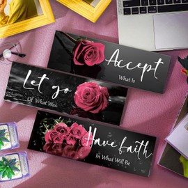 3 Pcs Pink Rose Bathroom Wall Decor Inspirational Wooden Wall Art Flower with Accept Let Go Have Faith Positive Quotes for Girl Women Bathroom Bedroom Living Room Office (Pink Rose 12 X 4 Inch)