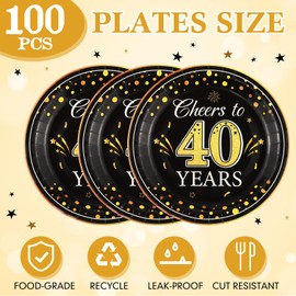 Sunnyray 100 Pack 40th 50th 60th 70th 80th Birthday Party Plates Cheers to 50 Years Disposable Paper Plates 9 Inch, Black Gold Dinner Plates for 50th Birthday Anniversary Party Supplies(40th)