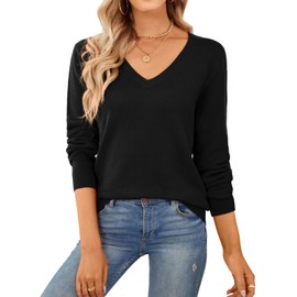 QUALFORT Sweaters for Women 100% Cotton Sweater V Neck Long Sleeve Knitted Jumper Tops Black Large