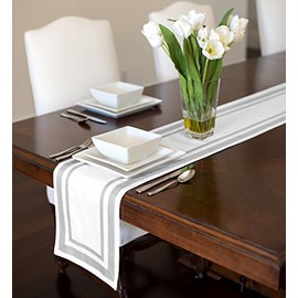 A LuxeHome White and Grey Modern Contemporary Embroidered Stripe Table Runner Mat Topper