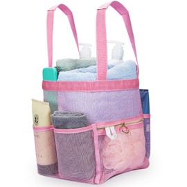 DV Lifestyle Mesh Shower Caddy Dorm, 7 Pockets & 1 with Zipper, Shower Tote with Padded Handles, Travel Shower Caddy Portable, Shower Caddy College Room Essentials, Bathroom Shower Bag (Pink)