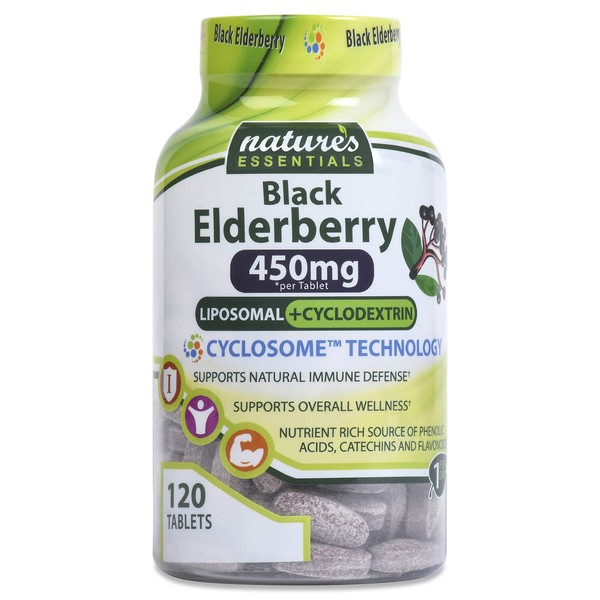 NATURE'S ESSENTIALS Liposomal Black Elderberry | 450mg | + Cyclodextrin Maximum Absorption Formula | 3 Month Supply | Non-GMO | Gluten-Free | Vegetarian | Lab Certified | USA 120 Count