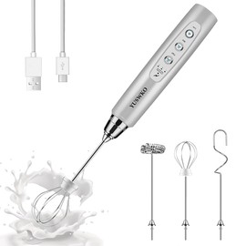 YUSWKO Rechargeable Milk Frother Handheld with 3 Heads, Silver Coffee Electric Whisk Drink Foam Mixer, Mini Hand Stirrer with 3 Speeds Adjustable for Latte, Cappuccino, Hot Chocolate, Egg