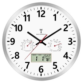 Foxtop Radio Wall Clock Analogue 30 cm LCD Display with Temperature and Date Silver