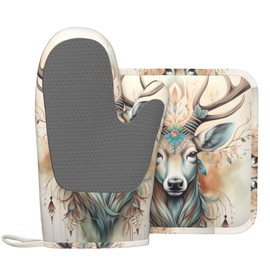 Indokyeyqaz Rustic Deer Animal Oven Mitts and Pot Holders Sets, Home Silicone Heat Resistant BBQ Gloves for Kitchen Baking Cooking Grilling Microwave