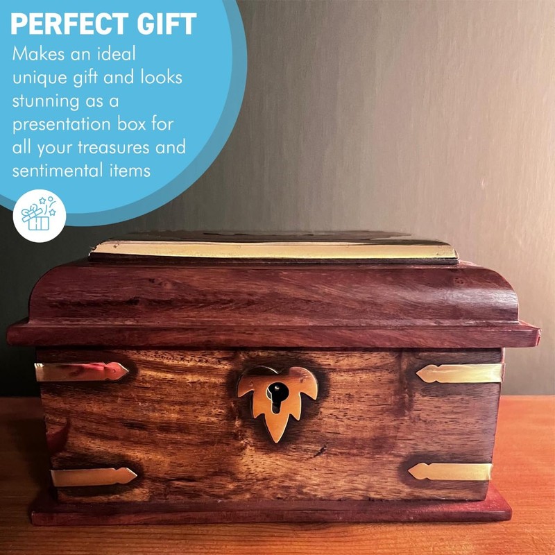 Thorness Wooden lockable Trinket Box with brass inlay, decorative detailing,