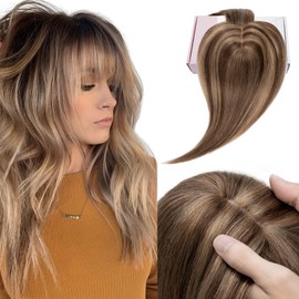 Elailite Hair Topper Extensions, Women's Toupee with Bang, 100% Remy Real Hair, 150% Thick, 7 x 13 cm Base, Clip-In Hair Thickening, 10 Inches (25 cm), 33 g, 4P27 Medium Brown/Dark Blonde