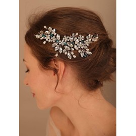 Bride Flower Wedding Hair Vine Silver Crystal Bridal Hair Piece Rhinestone Hair Accessories Pearl Hair Jewelry for Women (Silver)