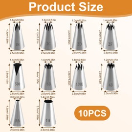 Pack of 10 Large Stainless Steel Piping Nozzles Set, Professional Nozzles for Icing Bags, Flower Piping Nozzles, Tips Nozzles, Decoration Attachments for Cakes, Cakes, Cupcakes, Churros (1A, 1M, 2D