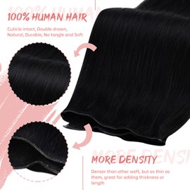 Fshine Black Weft Human Hair Extensions 18 Inch Jet Black Genius Weft Hair Sew in Soft Straight Extensions for Women 50 Gram Add Volume and Length