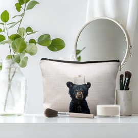 DOFQZ Black Bear Makeup Bag, Bear Lover Gifts Cosmetic Toiletry Bags for Women, Gifts for Animal Lovers, Funny Wild Animal Makeup Zipper Pouch