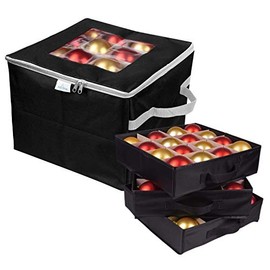 ProPik Christmas Ornament Storage Box, Organizer Holds Up to 48 Xmas Balls with 3 Separate Removable Trays, Container has Dividers to Organize Holiday Tree Ornaments (Black)