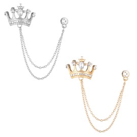 2PCS Suit Hanging Chain Men's Crown Retro Crystal Pins Collar Pin Brooch with Stone Detailing Suit Stud Lapel Rhinestone Pin Engraving, Metal Crystal for Breastpin Wedding Brooch