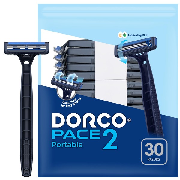 Dorco Pace 2 Plus Disposable Razor 2 blades Pivoting Head Open-Flow for Easy Rinsing with Lubricating Strip and Long Non-Slip Rubber Handle (30 ct No Rubber Handle)