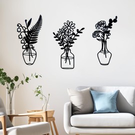 Zzbakress 3 Pcs Black Metal Flowers and Vases Wall Decoration Minimalist Art Wall Sculpture Lily of the valley, Daisy, Carnation Iron Decorative Floral for Living Room or Kitchen(Style 2, Black)