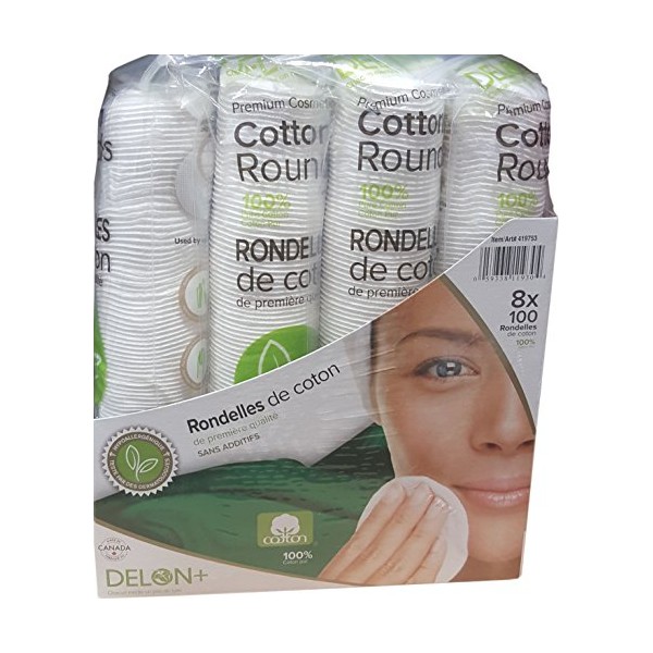 Delon Premium Facial Cleansing Cotton Rounds - 8 x 100 Count Stack