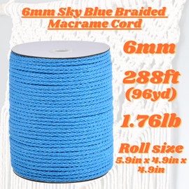 CAQUBO 6mm Cotton Braided Macrame Cord 96 Yards (288 Ft) Sky Blue - Heavy Duty & Fray-Resistant Rope for Macrame Beginners, Wall Hanging, Plant Hangers and DIY Crafts