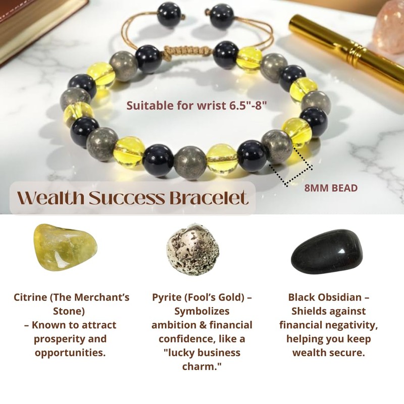 Atminafays Wealth Attraction Bracelet for Entrepreneurs, Citrine Pyrite Obsidian Success