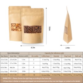 100 Pcs Kraft Paper Bags with Window, 6.3" x 8.6"Zip Lock Food Storage Bags for Packaging Products, Reusable