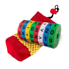 Geospace Original Math Spin Educational Travel Edition for Kids with Numbers & Arithmetic Operations- Handheld Magnetic Learning Game with 8 Magnetic Spin Wheels & Handmade Storage Pouch