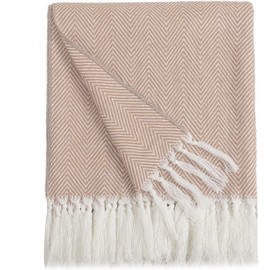 The Home Talk Handwoven Throw Blanket - 50 x 60 Inches Herringbone Design- 100% Cotton Blankets For Couch, Bed, Travel - Cozy & Lightweight - Perfect All Season Skin Friendly - Beige