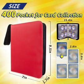 400 Pocket Card Binder Collect Holder,Trading Card Binder With 50 Removable Page Card Sleeves,Card Collector Album with Zipper Carrying Case for Boys and Girls (Red)