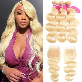 613 Blonde Body Wave Bundles with Closure 100% Unprocessed Blonde Body Wave Human Hair 4 Bundles with 4X4 Transparent Swiss Free Part Lace Closure