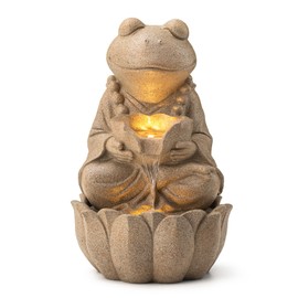 Glitzhome 2-Tiered Zen-Style Frog Polyresin Outdoor Fountain with Pump and LED Light, 21.75" H, Sand Beige