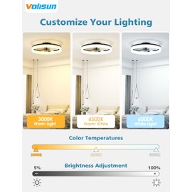 VOLISUN Low Profile Ceiling Fans with Lights and Remote, Bladeless Ceiling Fan with Light Flush Mount, No Assembly, 3000K-6500K Dimmable, Black Fandelier Ceilings Fans with Lights for Bedroom