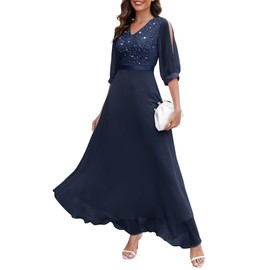 Wedtrend Women's Sequin Formal Dress Elegant Mother of The Bridal Slit Sleeve Evening Gowns 2024 Christmas Party Dress Maxi Prom Dress WT0317Navy2XL