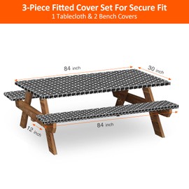 KENOBEE 7ft Picnic Table and Bench Cover, Camping Essentials RV Gear, 84 in Waterproof Windproof Outdoor Elastic All Around Tablecloth, Fitted Rectangle Tables and Seats, Black-White Moroccan
