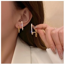 Allereyae Vintage Crystal Bar Stud Earrings Crystal Earrings Rhinestone Bar Earrings Gold C Shape Stud Earrings for Women