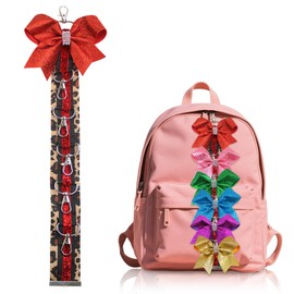 ALIBBON Cheer Bow Holder Glitter Red Leopard Print Hair Bow Holder Cheer Keychain for Cheerleading Backpack Bag Cheerleader Gifts Sports Cheerleading Bows Storage Hanging Ribbon Chain with 5 Clasps